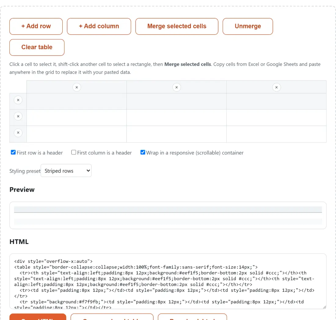 Screenshot of the HTML Table Generator tool with an editable grid with add-row, add-column and cell merging - click a cell, shift-click another to select a rectangle, then merge - above the HTML it generates, and cells can be pasted straight in from Excel or Google Sheets