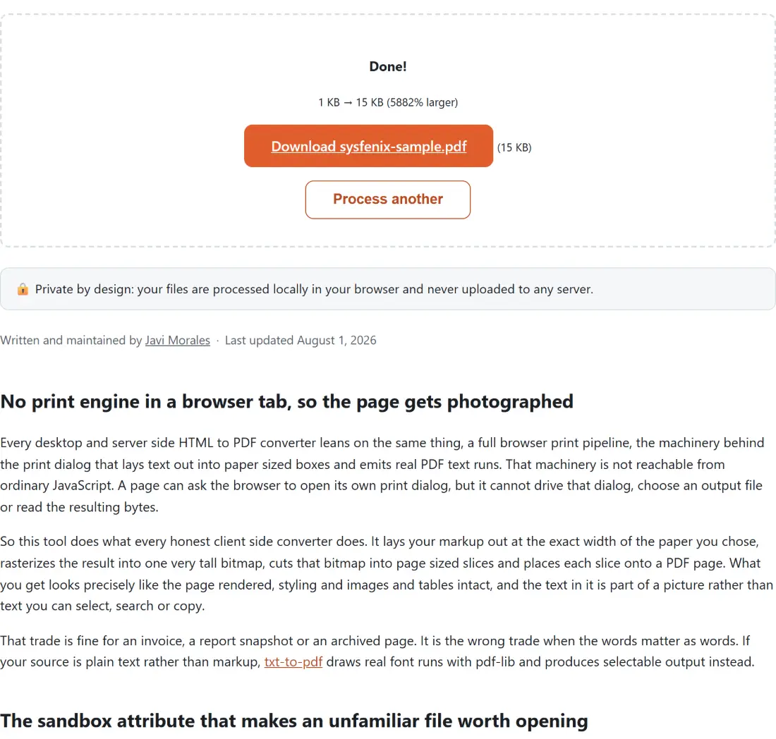 Screenshot of the Convert HTML to PDF result screen showing sysfenix-sample.pdf ready to download (15 KB, 5882% larger)