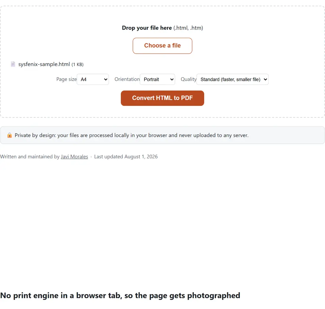 Screenshot of the Convert HTML to PDF tool with sysfenix-sample.html (262 B) loaded, Page size set to A4, Orientation set to Portrait