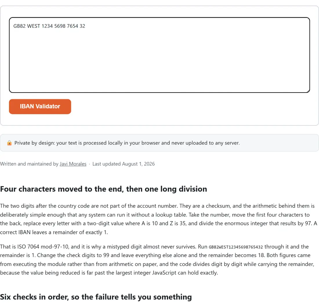 Screenshot of the IBAN Validator tool with the sample input “GB82 WEST 1234 5698 7654 32”