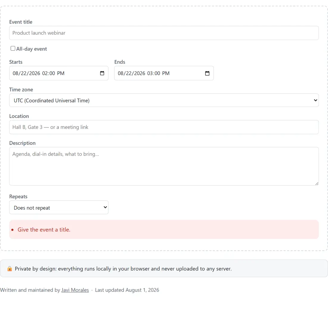 Screenshot of the ICS File & Add to Calendar Link Generator tool with a calendar-invite builder with event title, all-day toggle, start and end times, and a time zone list that includes a "floating" option meaning the same clock time on every device