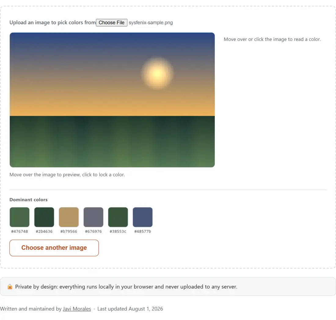 Screenshot of the Image Color Picker (Get HEX Color from Image) result screen showing the image loaded and ready to be clicked anywhere to read the colour under the cursor as a hex value