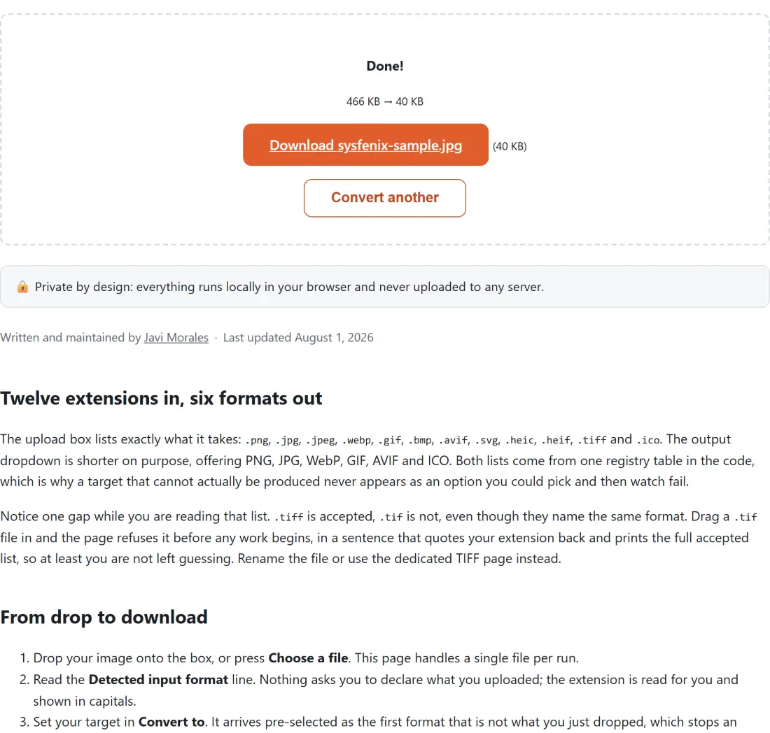 Screenshot of the Image Converter result screen showing the dropped image converted and offered back as a download, with the detected input format and the chosen target still shown above it