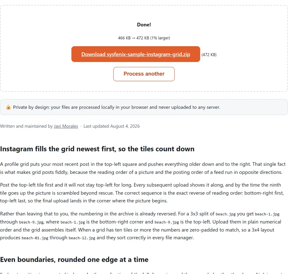Screenshot of the Split Image for Instagram Grid result screen showing sysfenix-sample-instagram-grid.zip ready to download (472 KB, 1% larger)
