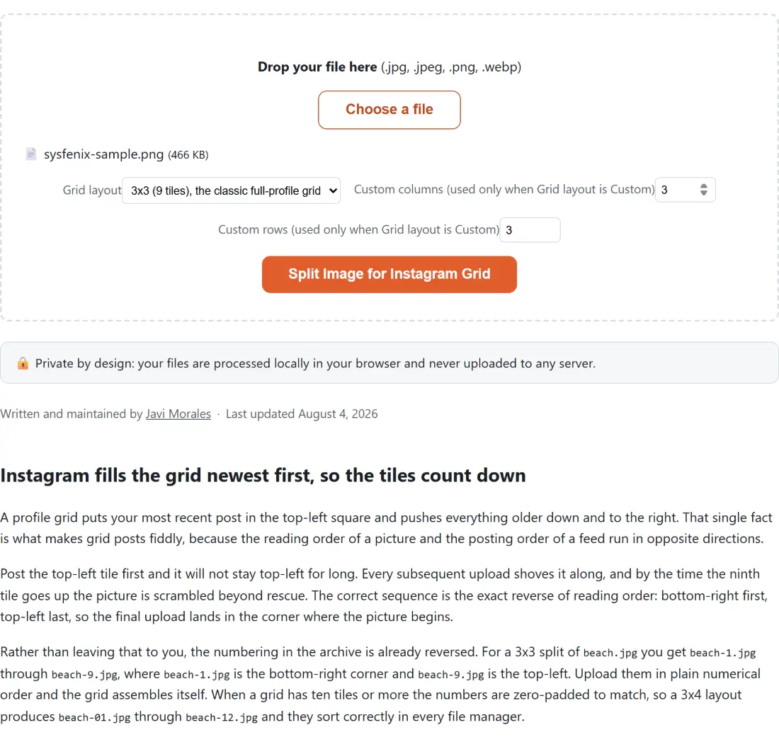 Screenshot of the Split Image for Instagram Grid tool with sysfenix-sample.png (466 KB) loaded, Grid layout set to 3x3 (9 tiles), the classic full-profile grid, Custom columns (used only when Grid layout is Custom) set to 3