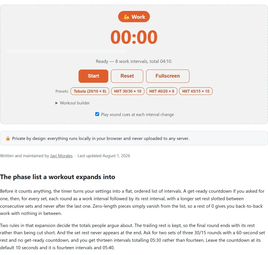 Screenshot of the Interval Timer tool with an interval timer sitting ready at eight work intervals totalling 4 minutes 10 seconds, with a fullscreen mode and one-tap presets for Tabata at 20 on 10 off by 8, and HIIT at 30/30 by 10 or 40/20