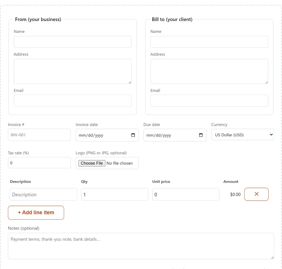 Screenshot of the Invoice Generator tool with an invoice form with sender and client blocks, invoice number and dates, and line items, laid out beside a live preview of the document it produces - the only file it takes is an optional logo