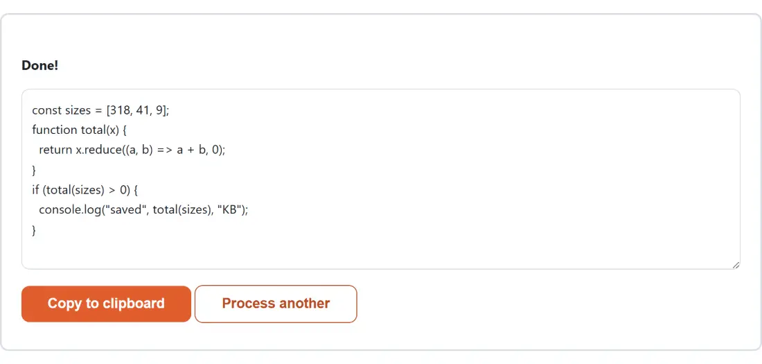Screenshot of the JavaScript Beautifier result screen showing the generated output “const sizes = [318, 41, 9]; function total(x) { …”