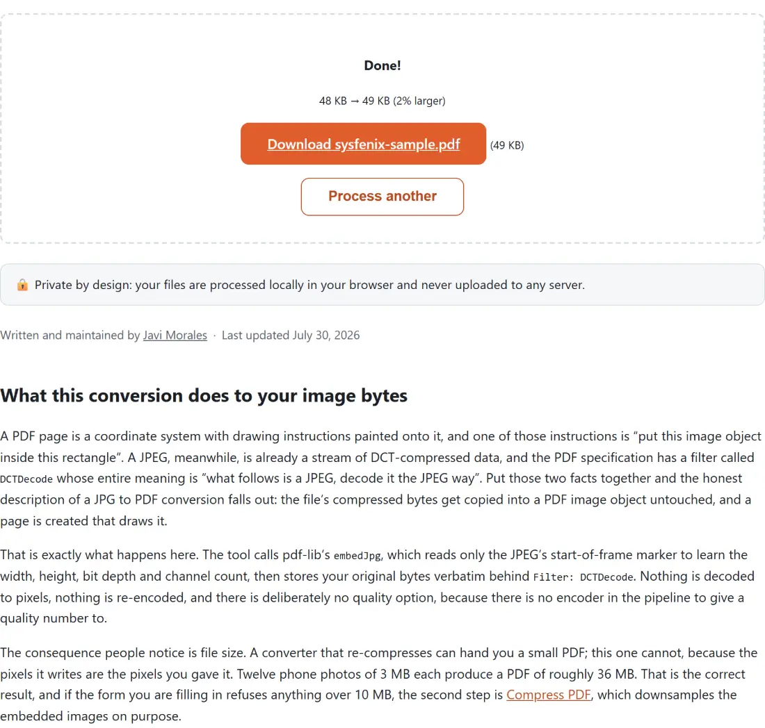Screenshot of the Convert JPG to PDF result screen showing sysfenix-sample.pdf ready to download (49 KB, 2% larger)