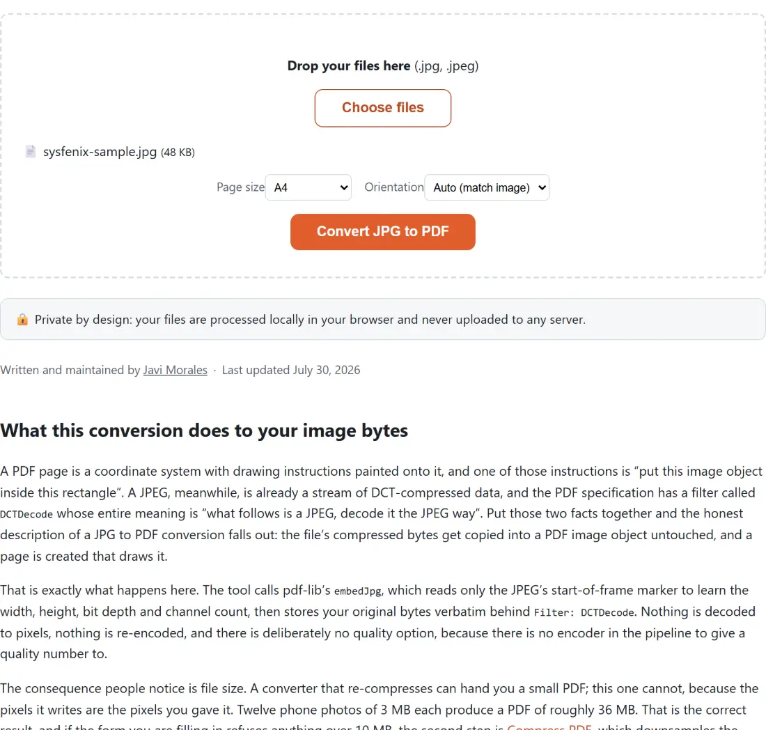 Screenshot of the Convert JPG to PDF tool with sysfenix-sample.jpg (48 KB) loaded, Page size set to A4, Orientation set to Auto (match image)