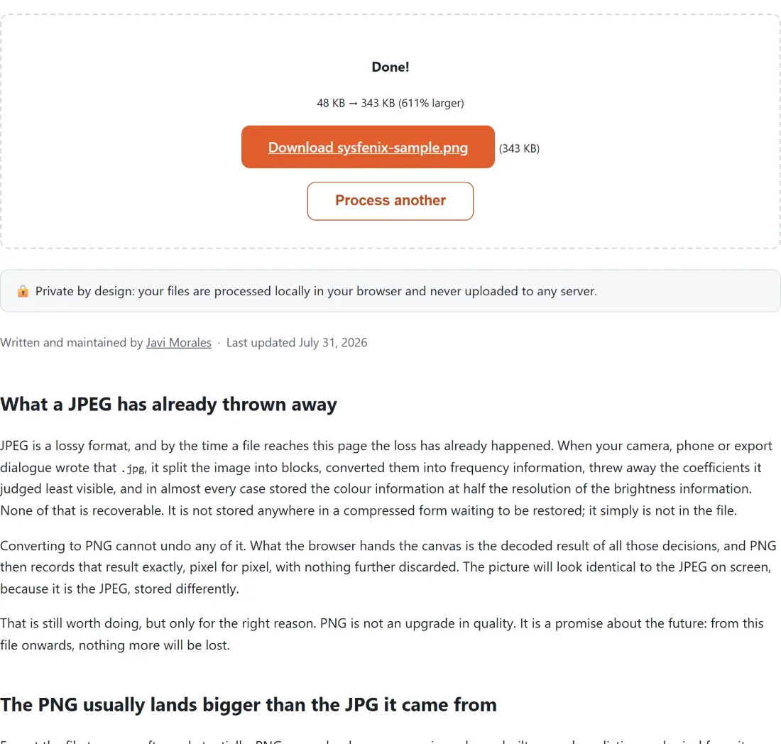 Screenshot of the Convert JPG to PNG result screen showing sysfenix-sample.png ready to download (343 KB, 611% larger)