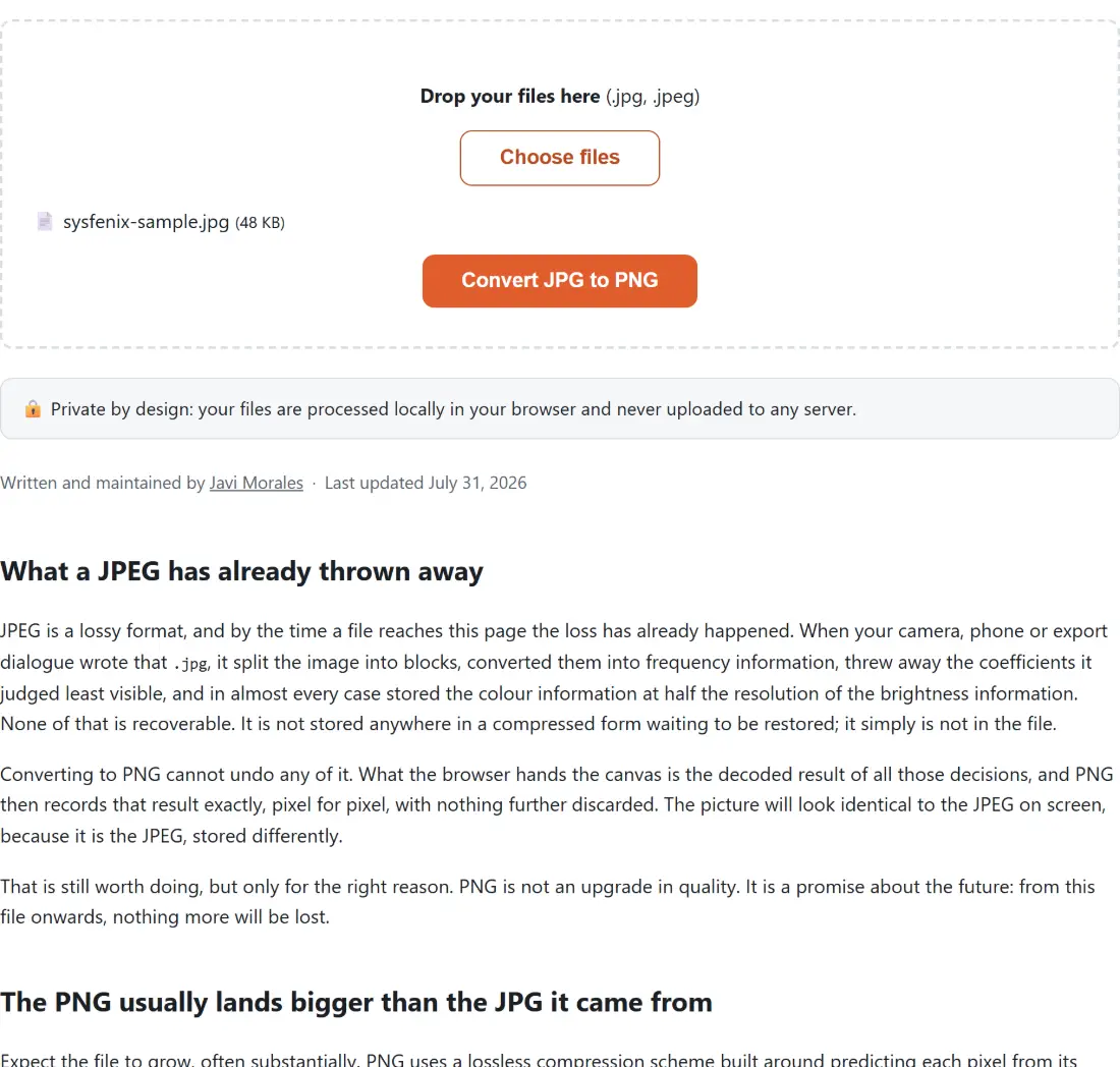 Screenshot of the Convert JPG to PNG tool with sysfenix-sample.jpg (48 KB) loaded