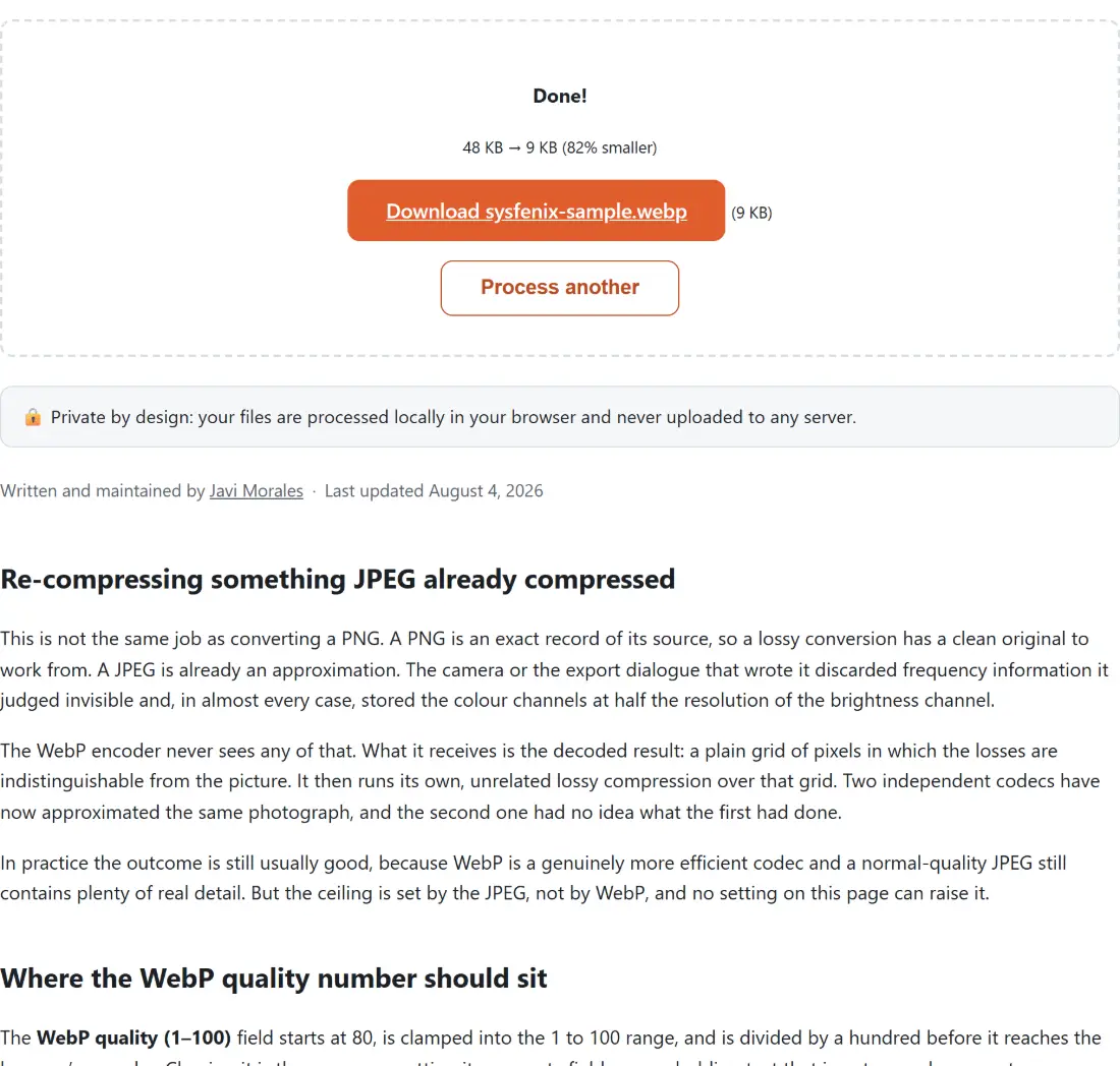 Screenshot of the Convert JPG to WebP result screen showing sysfenix-sample.webp ready to download (9 KB, 82% smaller)