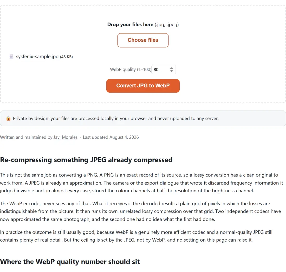 Screenshot of the Convert JPG to WebP tool with sysfenix-sample.jpg (48 KB) loaded, WebP quality (1–100) set to 80