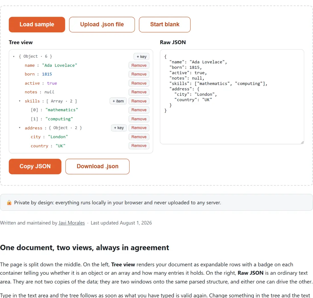 Screenshot of the JSON Editor Online tool with a JSON document open in a collapsible tree view with per-key add and remove controls, loadable from a sample, from a .json file or started blank