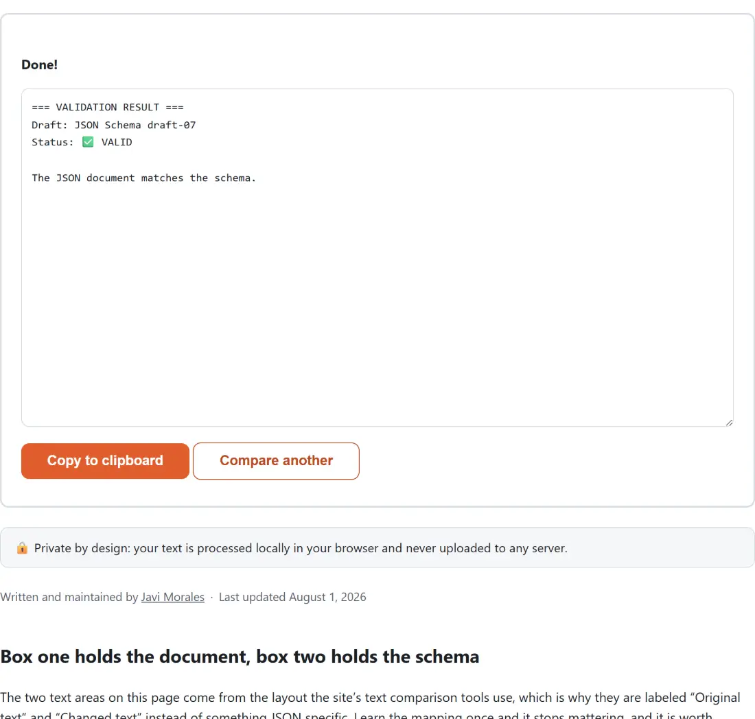 Screenshot of the JSON Schema Validator result screen showing the generated output “=== VALIDATION RESULT === Draft: JSON Schema dra…”