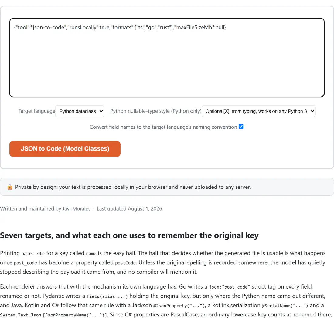 Screenshot of the JSON to Code (Model Classes) tool with the sample input “{"tool":"json-to-code","runsLocally":true,"forma…”, Target language set to Python dataclass, Python nullable-type style (Python only) set to Optional[X], from typing, works on any Python 3