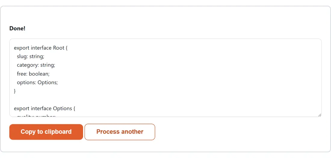 Screenshot of the JSON to TypeScript result screen showing the generated output “export interface Root { slug: string; category: …”