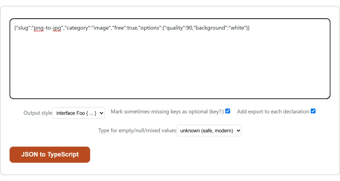 Screenshot of the JSON to TypeScript tool with the sample input “{"slug":"png-to-jpg","category":"image","free":t…”, Output style set to interface Foo { ... }, Mark sometimes-missing keys as optional (key?:) set to on