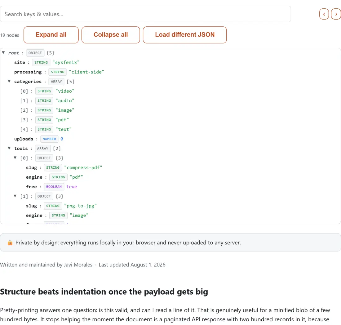 Screenshot of the JSON Tree Viewer result screen showing the document rendered as a collapsible tree, with each node expandable to inspect nested values