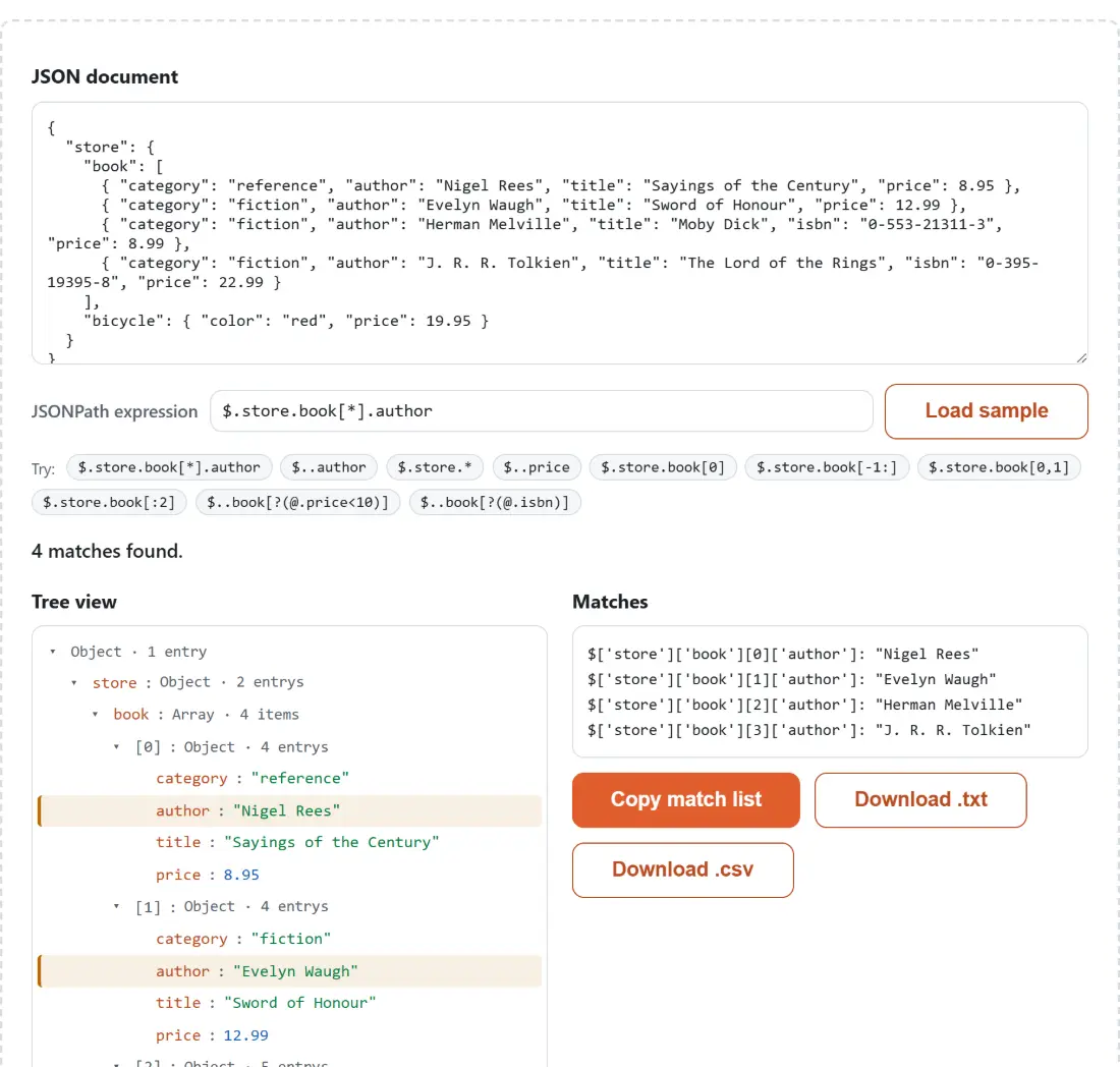 Screenshot of the JSONPath Tester: Evaluate JSONPath Expressions Online tool with a sample JSON document loaded on the left and a JSONPath expression evaluated against it live on the right, with the matched nodes listed as results