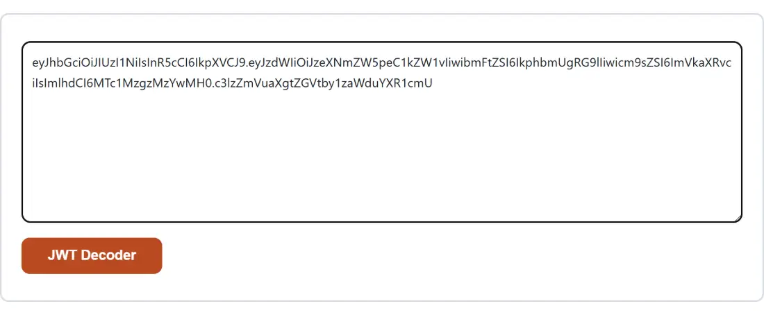 Screenshot of the JWT Decoder tool with the sample input “eyJhbGciOiJIUzI1NiIsInR5cCI6IkpXVCJ9.eyJzdWIiOiJ…”