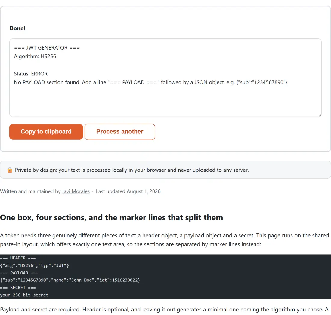 Screenshot of the JWT Generator result screen showing the generated output “=== JWT GENERATOR === Algorithm: HS256 Status: E…”