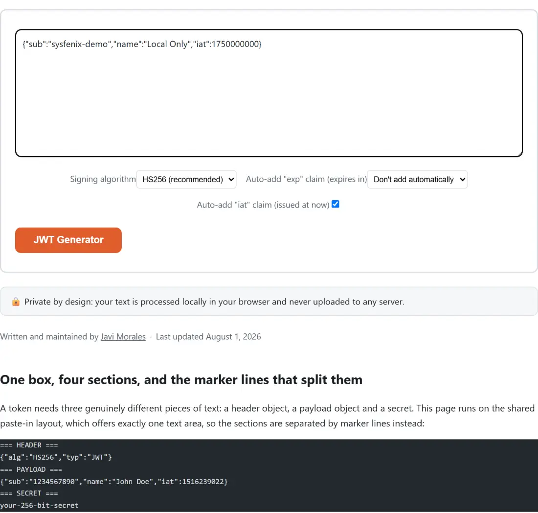 Screenshot of the JWT Generator tool with the sample input “{"sub":"sysfenix-demo","name":"Local Only","iat"…”, Signing algorithm set to HS256 (recommended), Auto-add "exp" claim (expires in) set to Don't add automatically