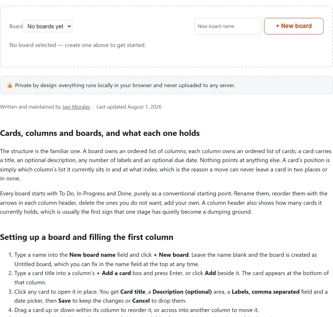 Screenshot of the Kanban Board tool with an empty board list offering to create the first board, with import and export of all boards as JSON alongside