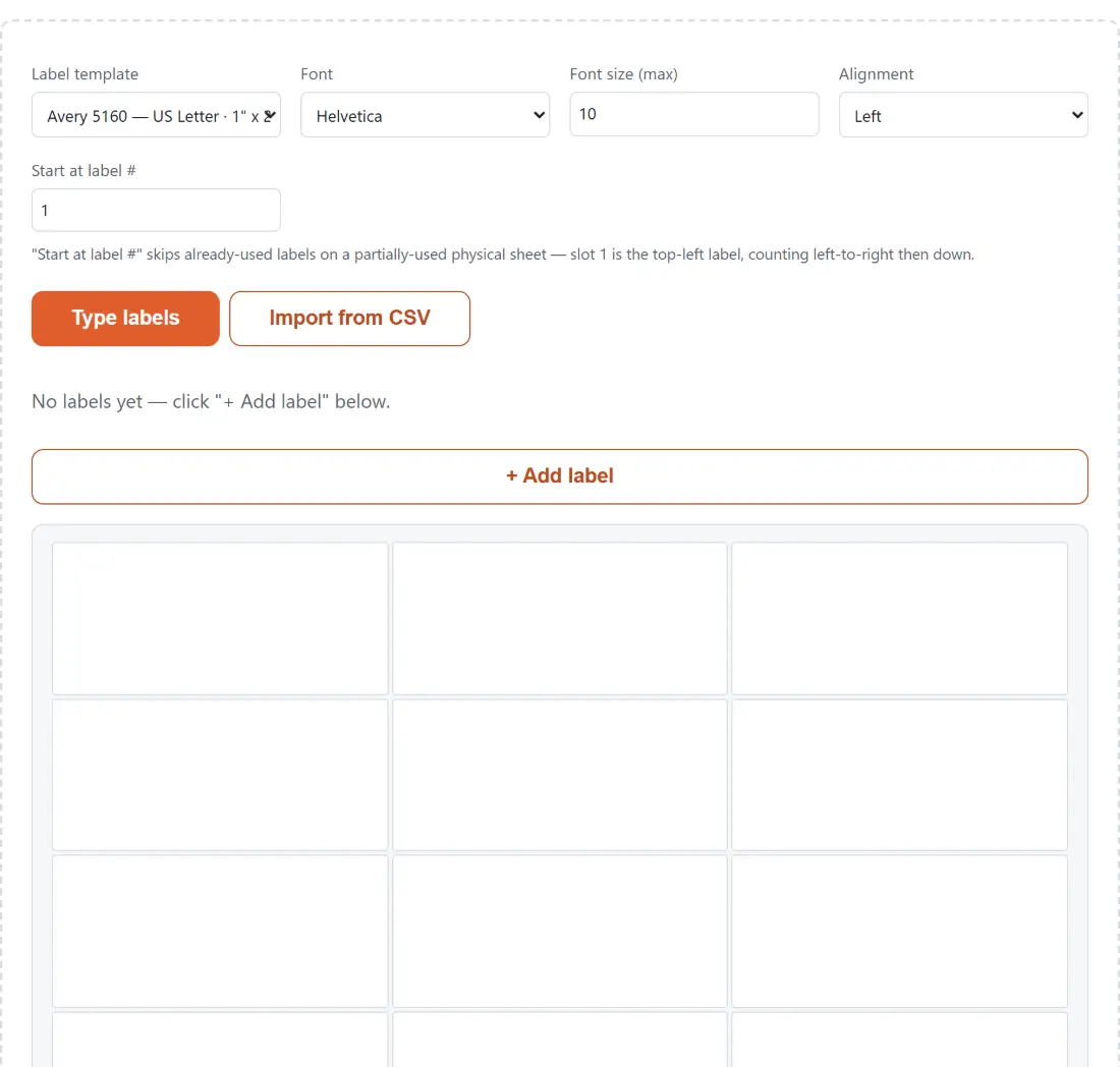 Screenshot of the Address Label Maker tool with an Avery label-sheet builder - 5160 and 8160 on US Letter, L7160 on A4, all 30-up in a 3 by 10 grid - laying the typed labels onto a preview of the sheet before it is exported