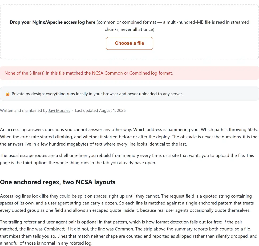 Screenshot of the Server Log Analyzer result screen showing the log read and summarised, with the parse result reported back for the lines it recognised
