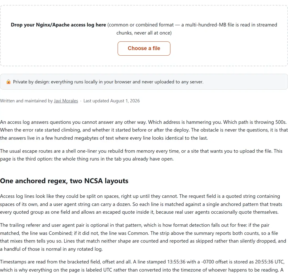 Screenshot of the Server Log Analyzer tool with a dropzone for an Nginx or Apache access log in common or combined format