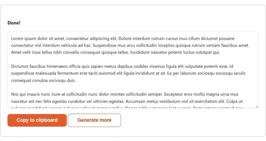 Screenshot of the Lorem Ipsum Generator result screen showing the generated output “Lorem ipsum dolor sit amet, consectetur adipisci…”