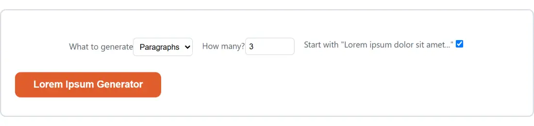Screenshot of the Lorem Ipsum Generator tool with What to generate set to Paragraphs, How many? set to 3