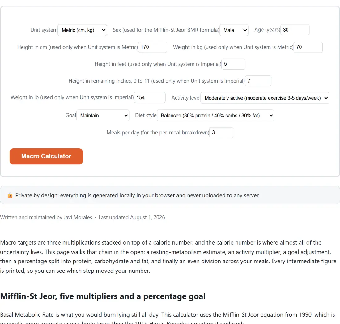 Screenshot of the Macro Calculator tool with Unit system set to Metric (cm, kg), Sex (used for the Mifflin-St Jeor BMR formula) set to Male