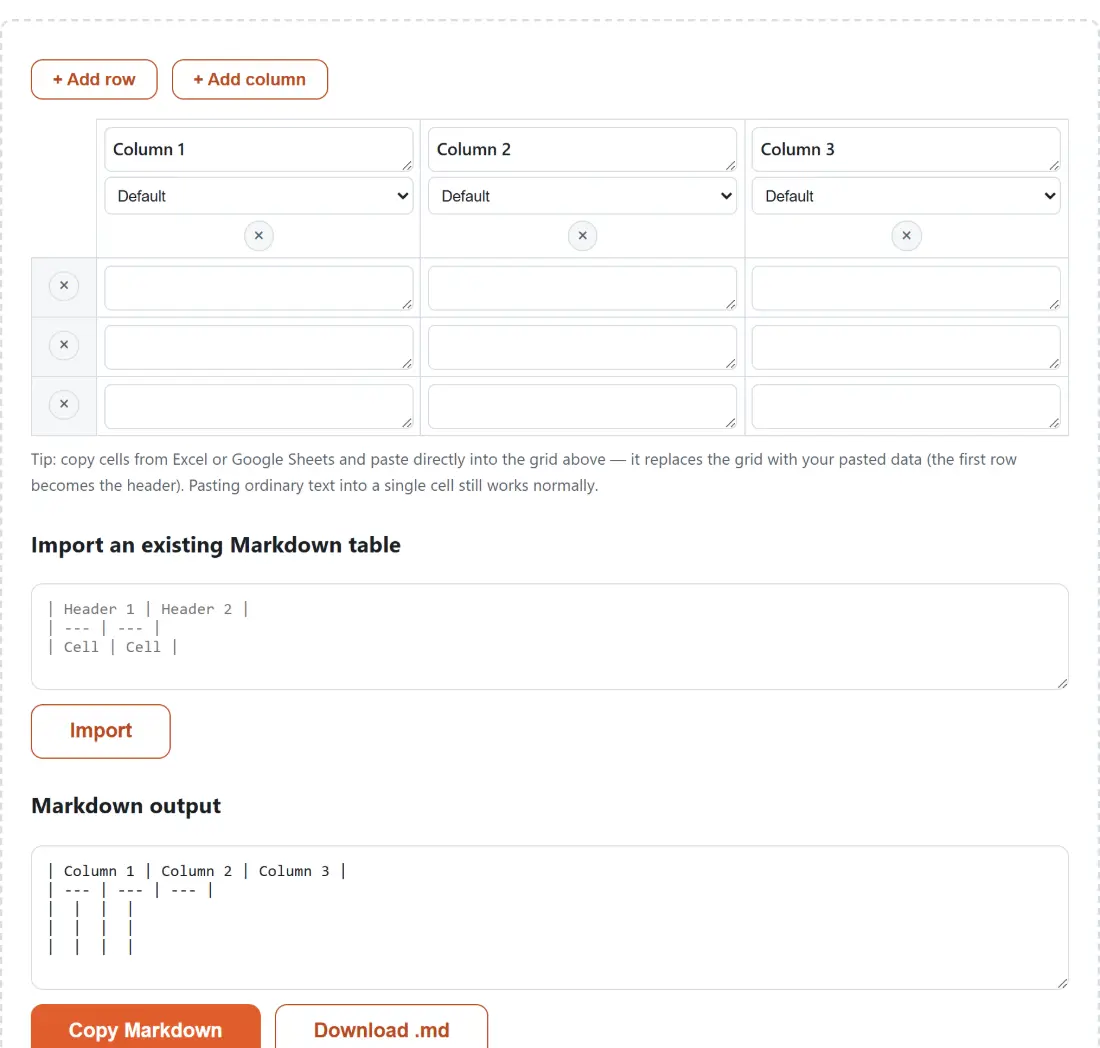 Screenshot of the Markdown Table Generator tool with a spreadsheet-style grid with add-row and add-column buttons and a per-column alignment choice of default, left, centre or right, above the Markdown table it produces, and a tip that cells pasted from Excel or Google Sheets are parsed straight into the grid