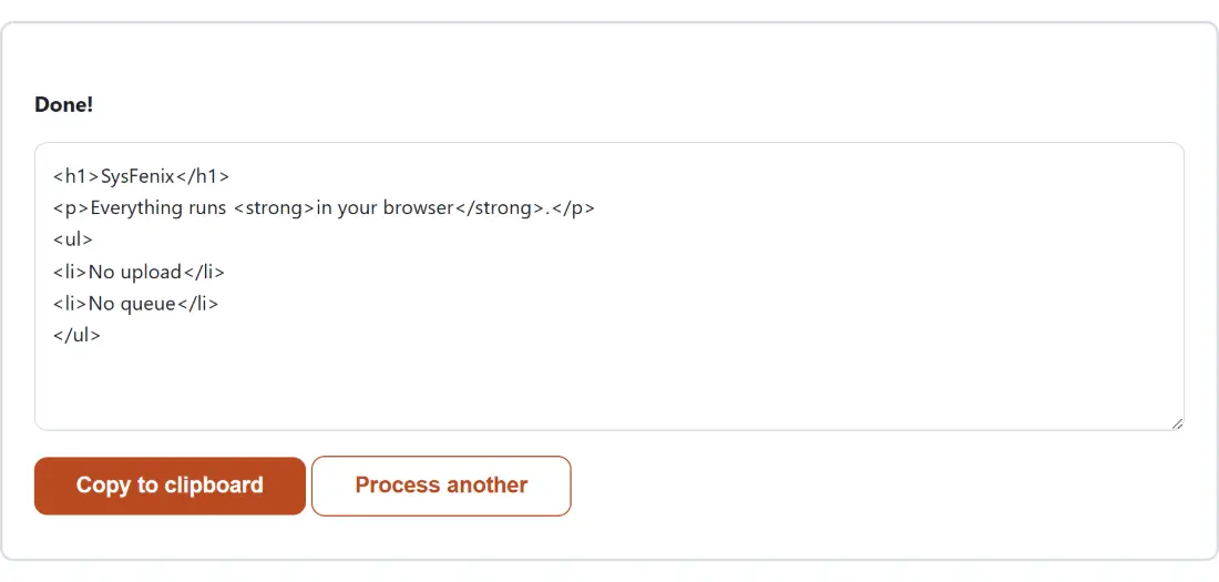 Screenshot of the Markdown to HTML Converter result screen showing the generated output β<h1>SysFenix</h1> <p>Everything runs <strong>in β¦β
