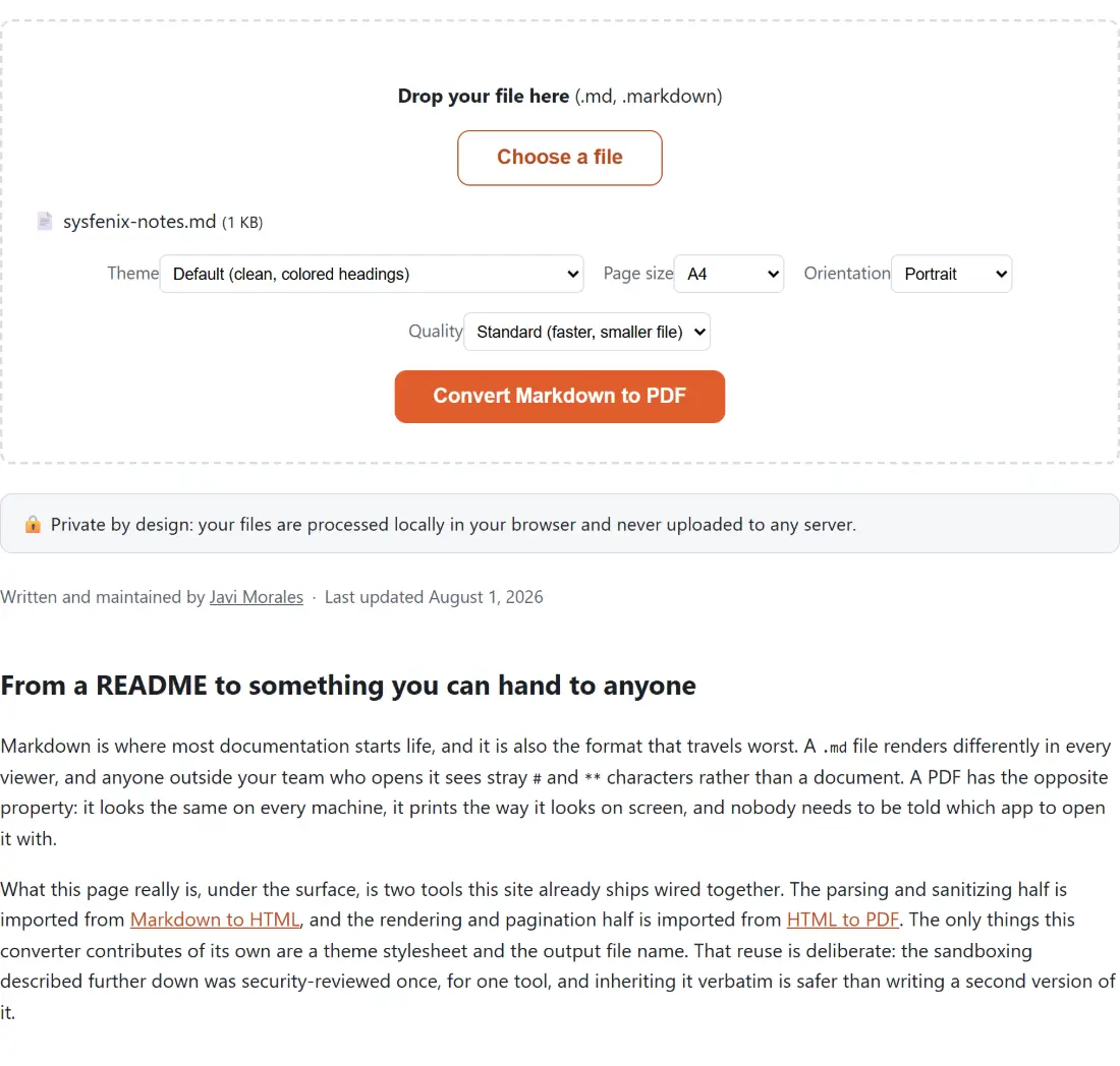 Screenshot of the Convert Markdown to PDF tool with sysfenix-notes.md (345 B) loaded, Theme set to Default (clean, colored headings), Page size set to A4