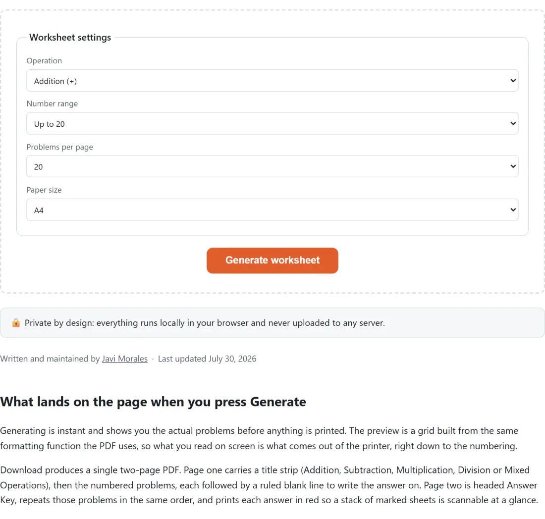 Screenshot of the Math Worksheet Generator tool with worksheet settings choosing addition, subtraction, multiplication, division or mixed operations, with the number range set from up-to-10 upwards, generating a printable practice sheet