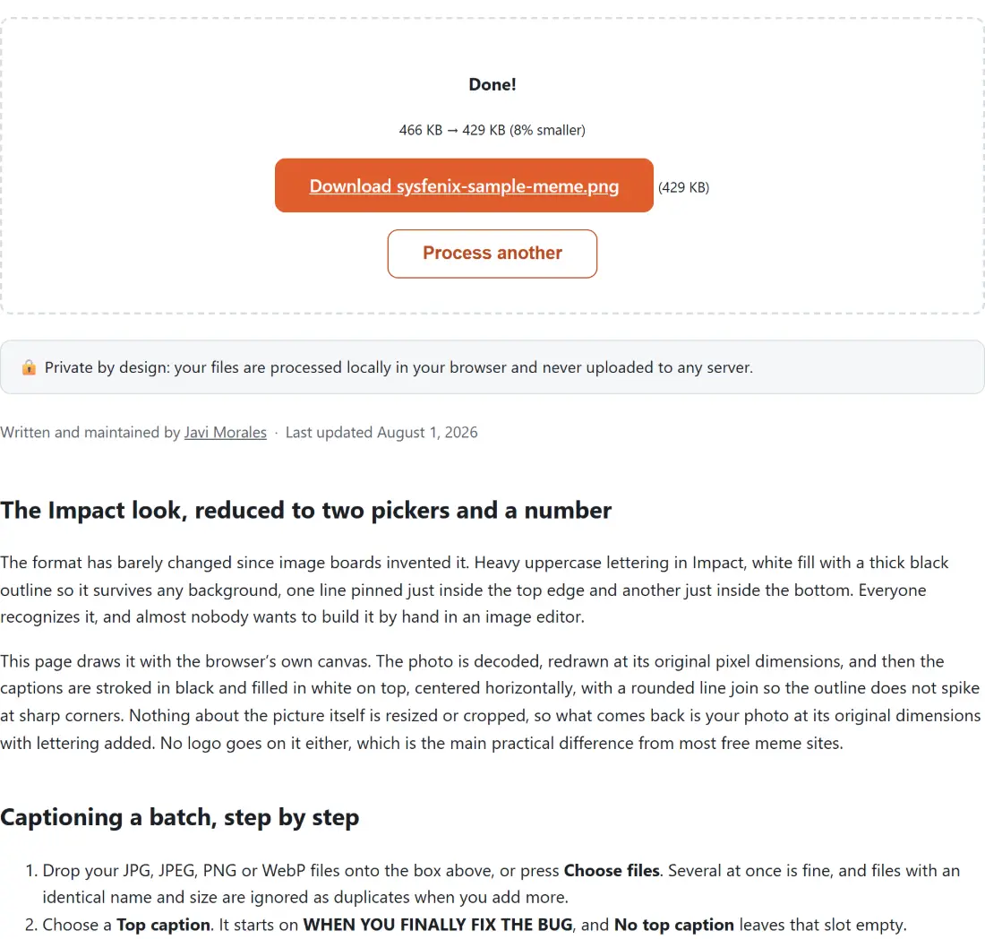 Screenshot of the Meme Generator result screen showing sysfenix-sample-meme.png ready to download (429 KB, 8% smaller)