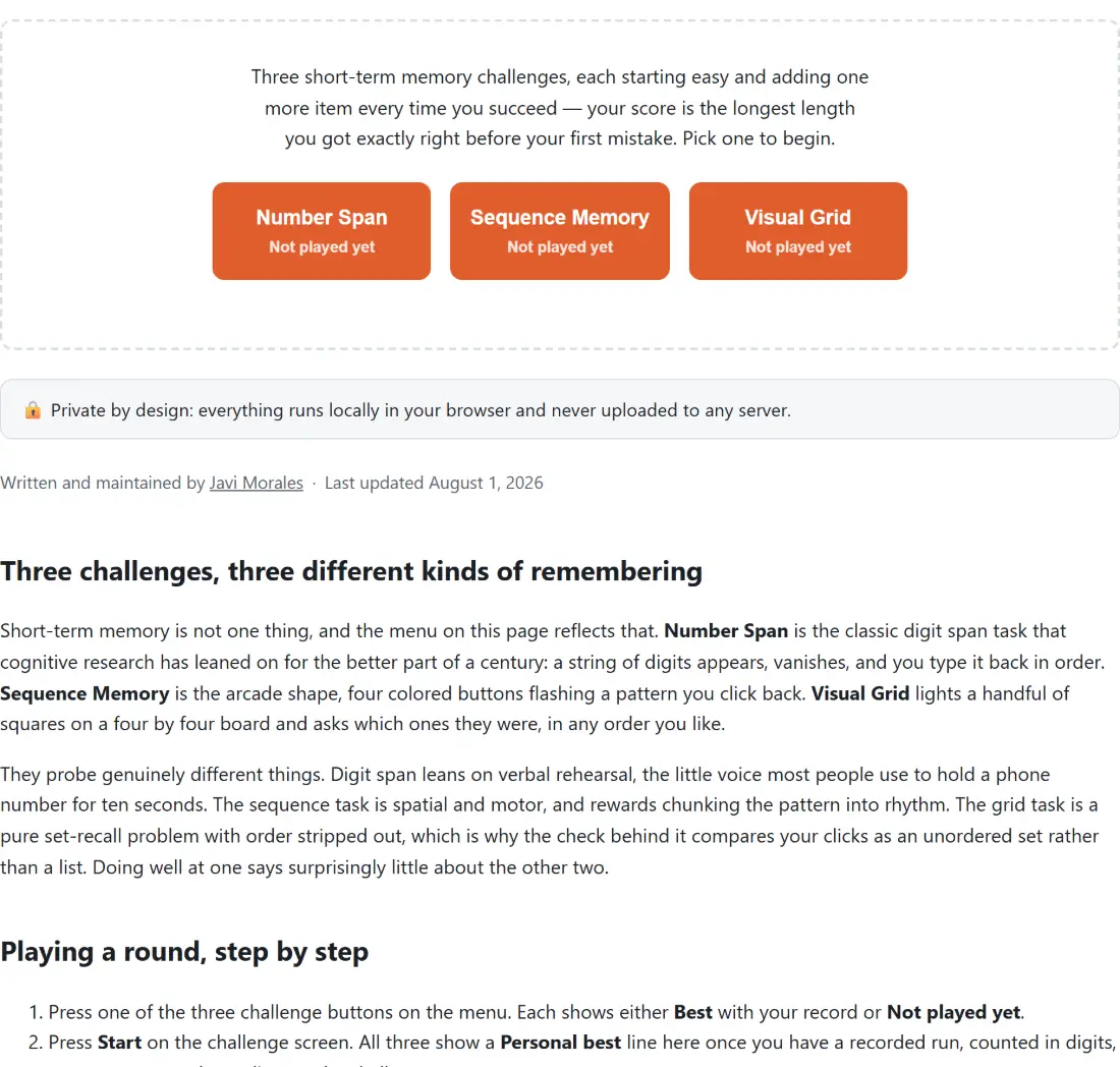 Screenshot of the Memory Test tool with three short-term memory challenges, each starting easy and adding one more item on every success, scored as the longest sequence reproduced exactly right