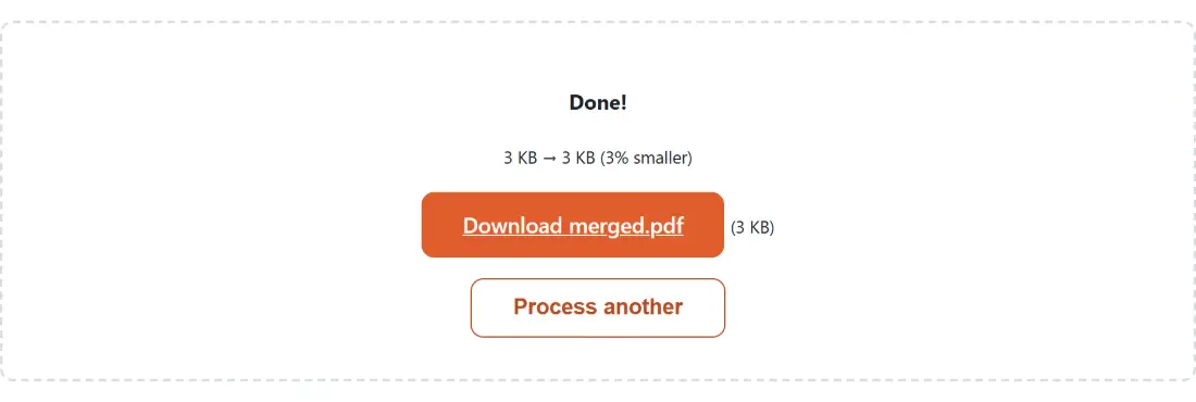 Screenshot of the Merge PDF Files result screen showing merged.pdf ready to download (3 KB, 3% smaller)