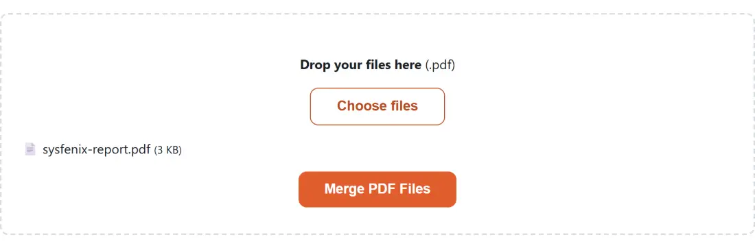 Screenshot of the Merge PDF Files tool with sysfenix-report.pdf (3 KB) loaded