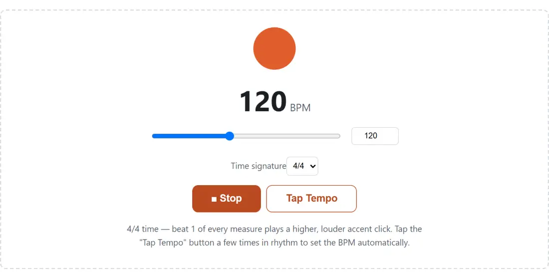 Screenshot of the Online Metronome result screen showing the metronome running — the beat indicator lit, the Stop button showing and the beat counter advancing through the bar