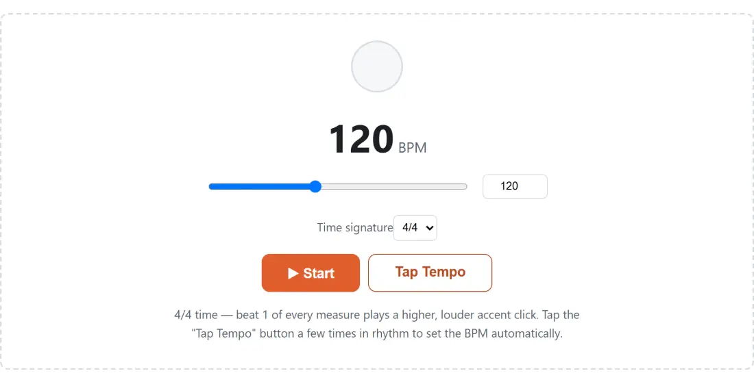 Screenshot of the Online Metronome tool with the metronome stopped at 100 BPM in 4/4, with its BPM slider, tap-tempo button and accent options