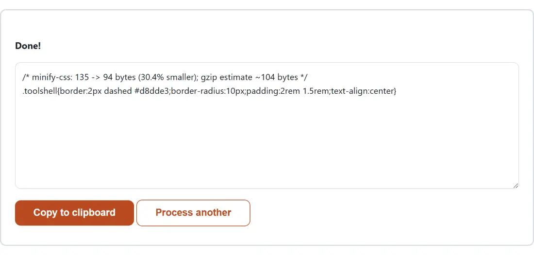 Screenshot of the CSS Minifier & Formatter result screen showing the generated output “/* minify-css: 135 -> 94 bytes (30.4% smaller); …”