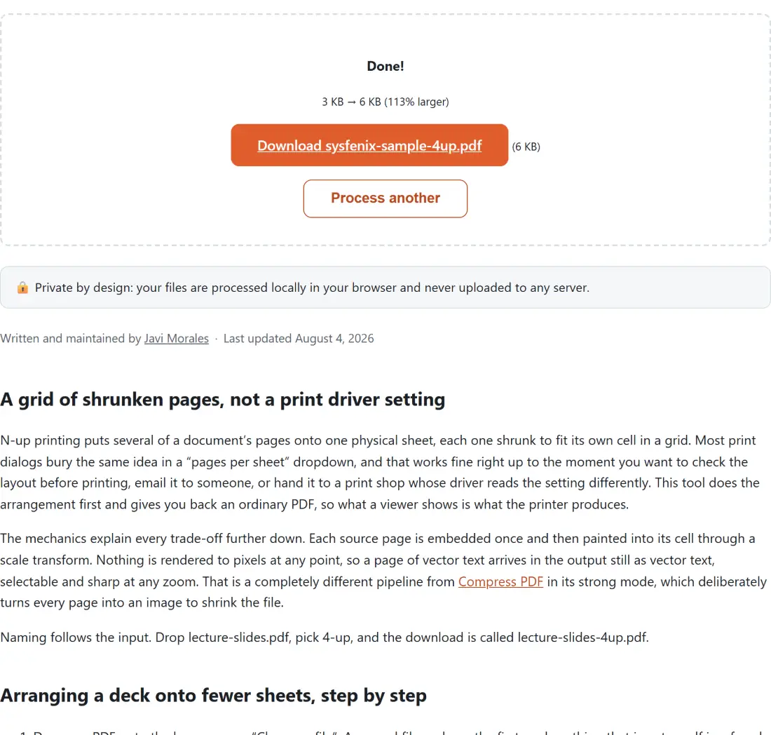 Screenshot of the N-up PDF (Multiple Pages Per Sheet) result screen showing sysfenix-sample-4up.pdf ready to download (6 KB, 113% larger)