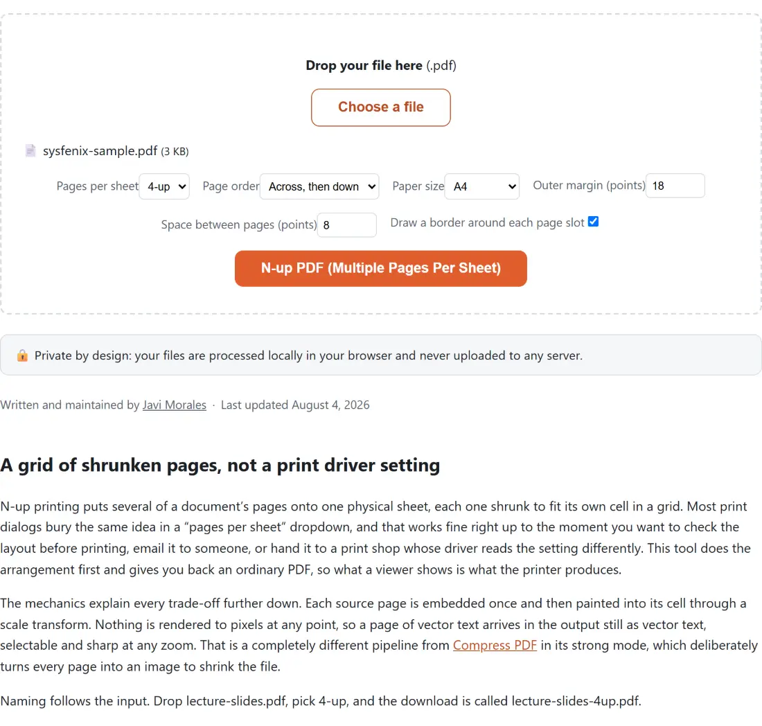 Screenshot of the N-up PDF (Multiple Pages Per Sheet) tool with sysfenix-sample.pdf (3 KB) loaded, Pages per sheet set to 4-up, Page order set to Across, then down
