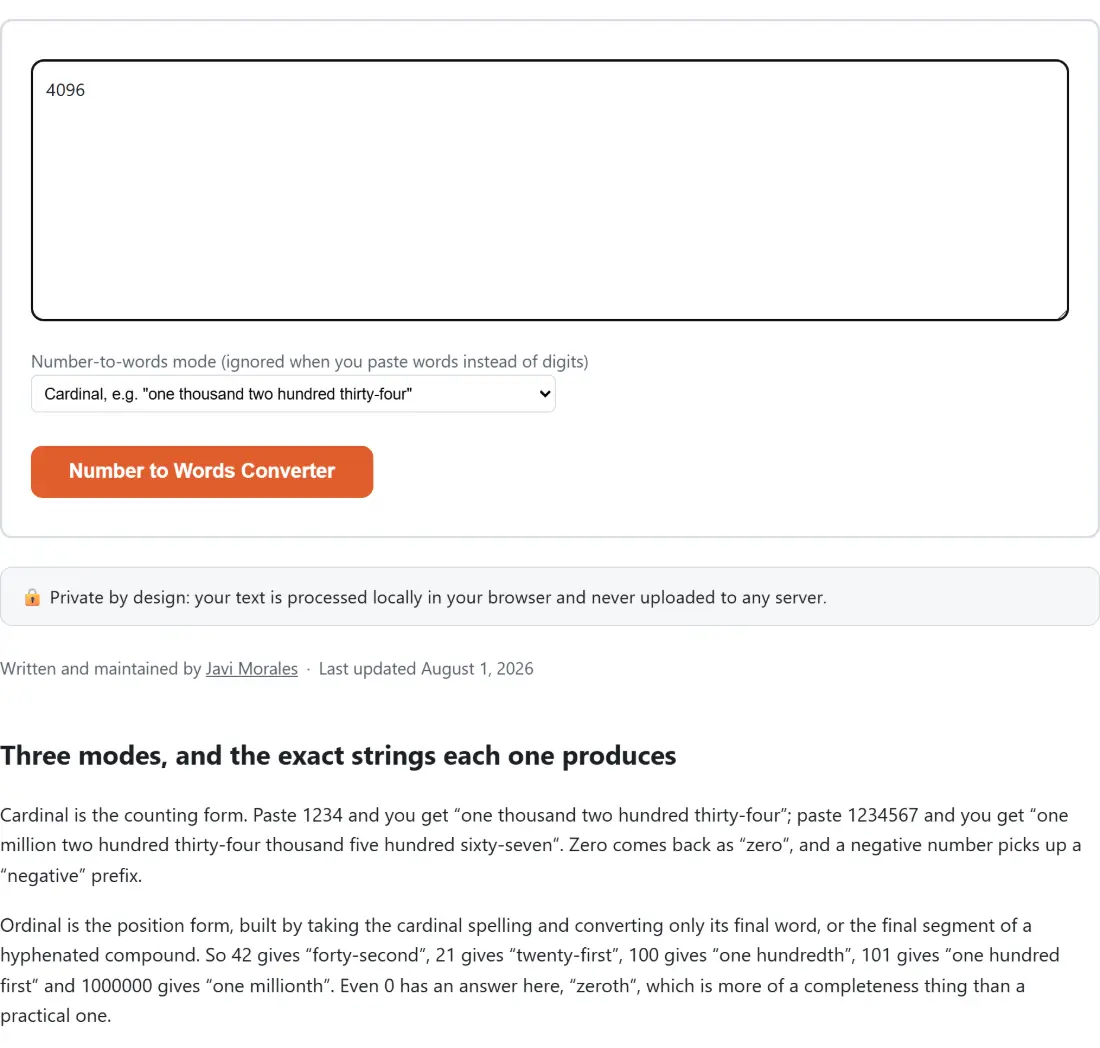 Screenshot of the Number to Words Converter tool with the sample input “4096”, Number-to-words mode (ignored when you paste words instead of digits) set to Cardinal, e.g. "one thousand two hundred thirty-four"