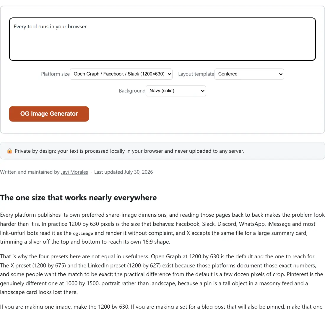 Screenshot of the OG Image Generator tool with the sample input “Every tool runs in your browser”, Platform size set to Open Graph / Facebook / Slack (1200×630), Layout template set to Centered